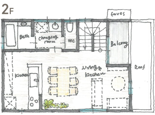 リビングの延長で楽しむバルコニーや家族の笑顔がみえるキッチンで愉しいリビングです。スッキリとまとまった水まわりでママは嬉しい間取りです。
