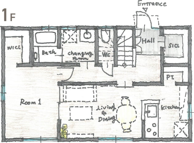 シューズインクローゼットや階段下収納で大家族の靴もたっぷり収納。まとまった水まわりはお手入れがラクラク。